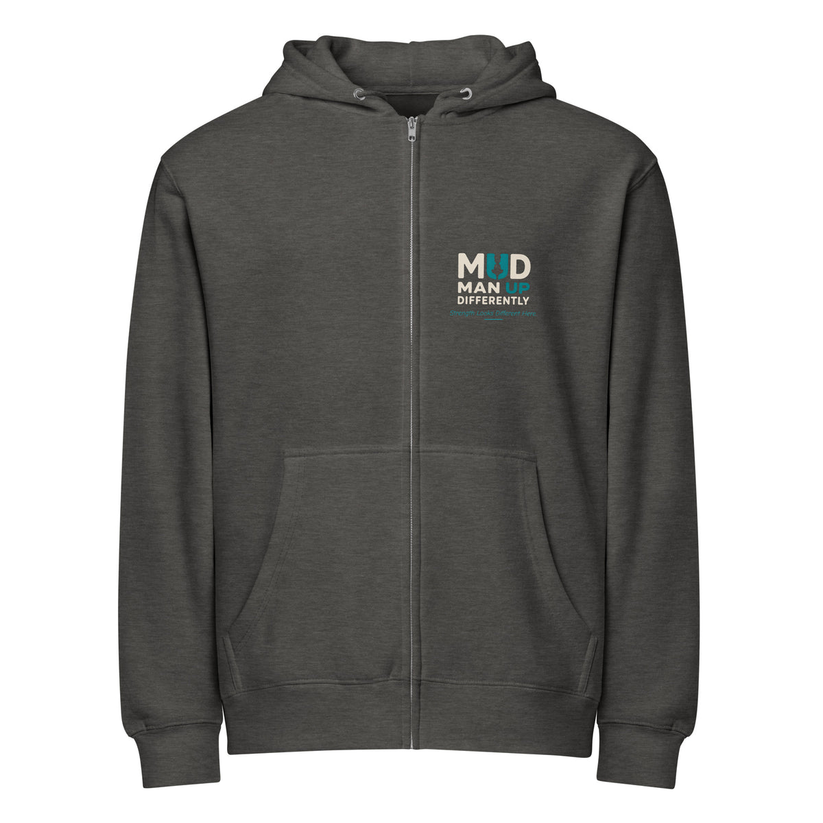 Charcoal Heather MUD STAY zip hoodie, front view with MUD chest branding