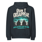Navy MUD STAY zip hoodie, back view with Don’t Disappear graphic
