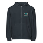 Navy MUD STAY zip hoodie, front view with MUD chest branding