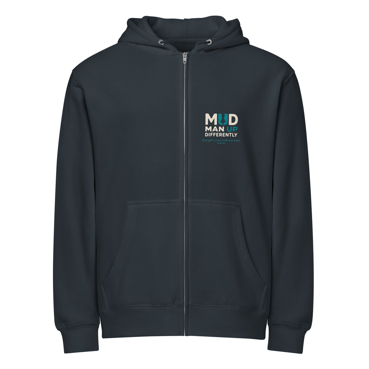 Navy MUD STAY zip hoodie, front view with MUD chest branding